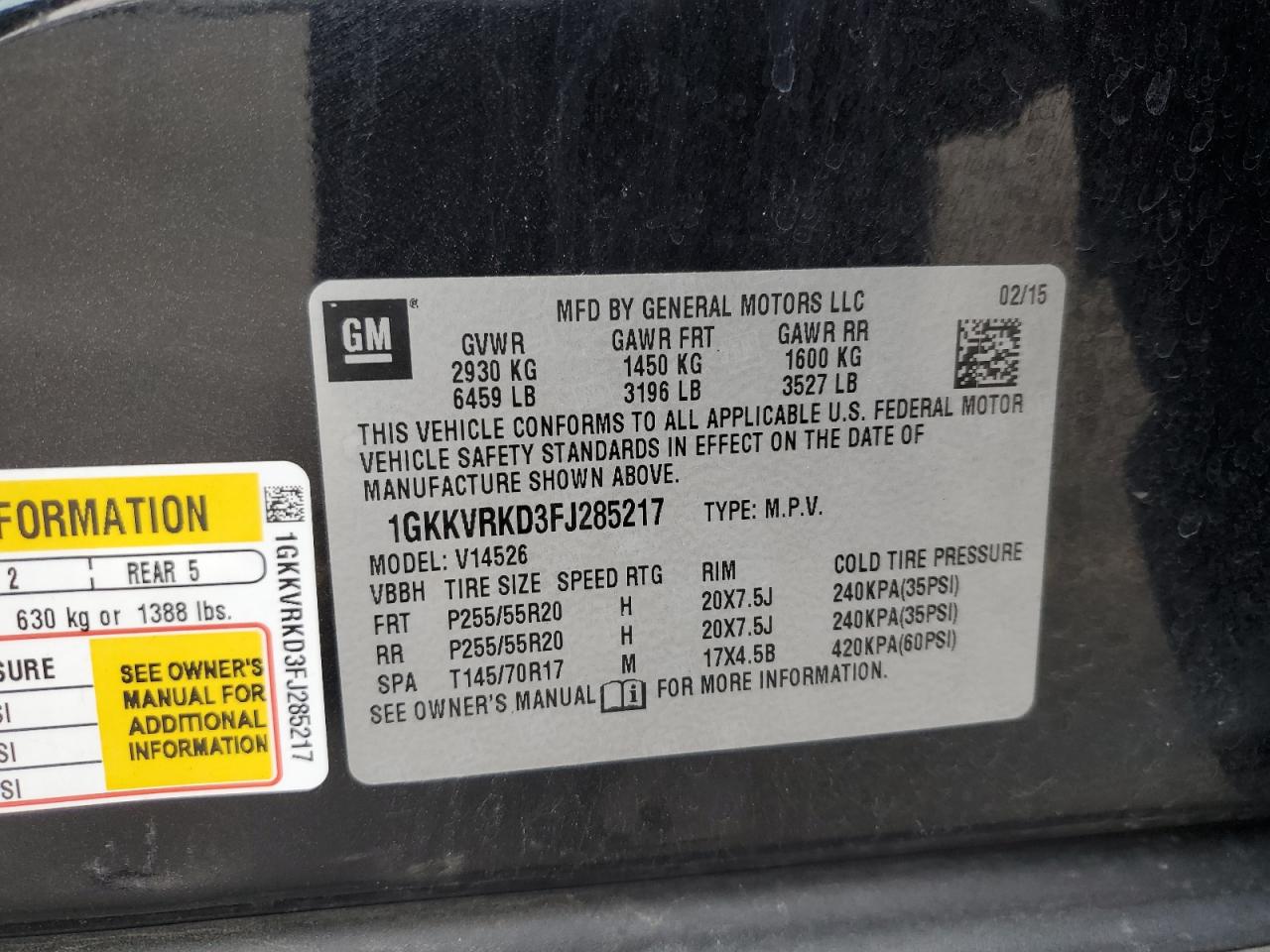 2015 GMC Acadia Slt-1 VIN: 1GKKVRKD3FJ285217 Lot: 92690965