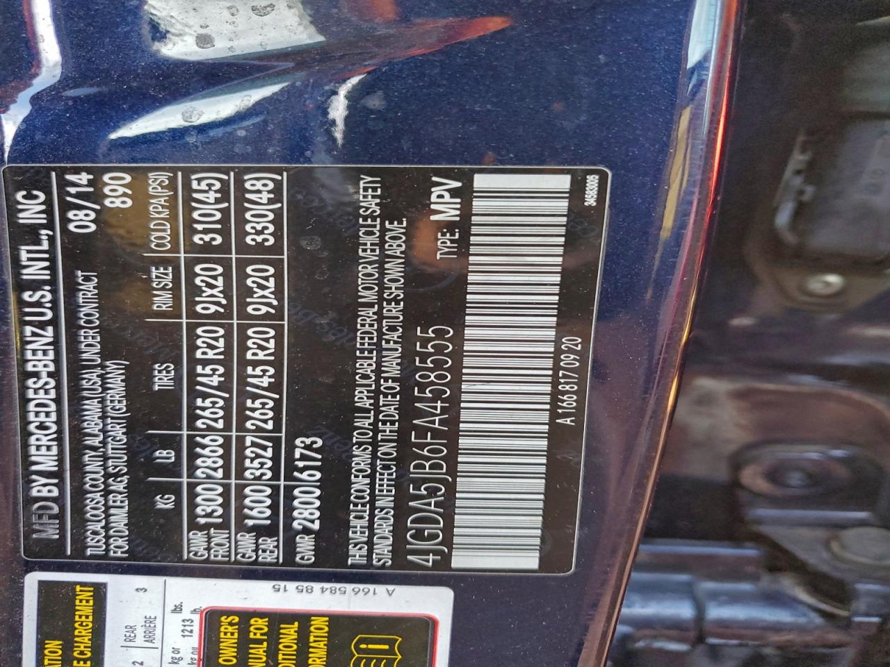 2015 Mercedes-Benz Ml 350 VIN: 4JGDA5JB6FA458555 Lot: 94171105