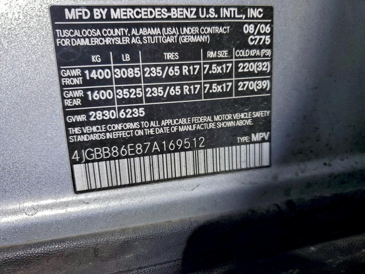 2007 Mercedes-Benz Ml 350 VIN: 4JGBB86E87A169512 Lot: 94396555