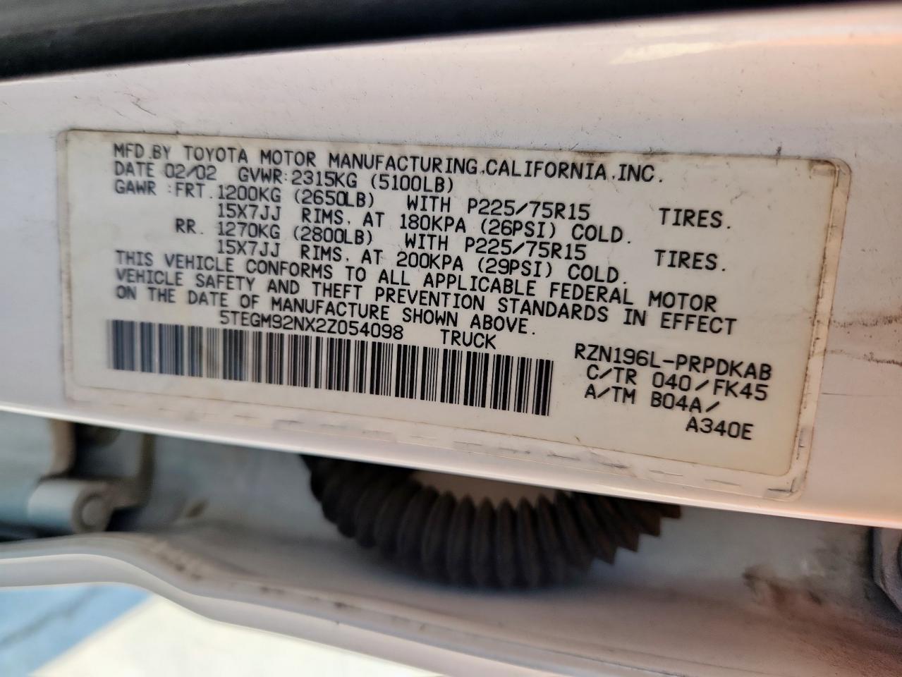 2002 Toyota Tacoma Double Cab Prerunner VIN: 5TEGM92NX2Z054098 Lot: 93317745