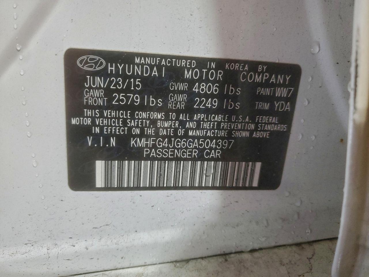 2016 Hyundai Azera VIN: KMHFG4JG6GA504397 Lot: 93457495