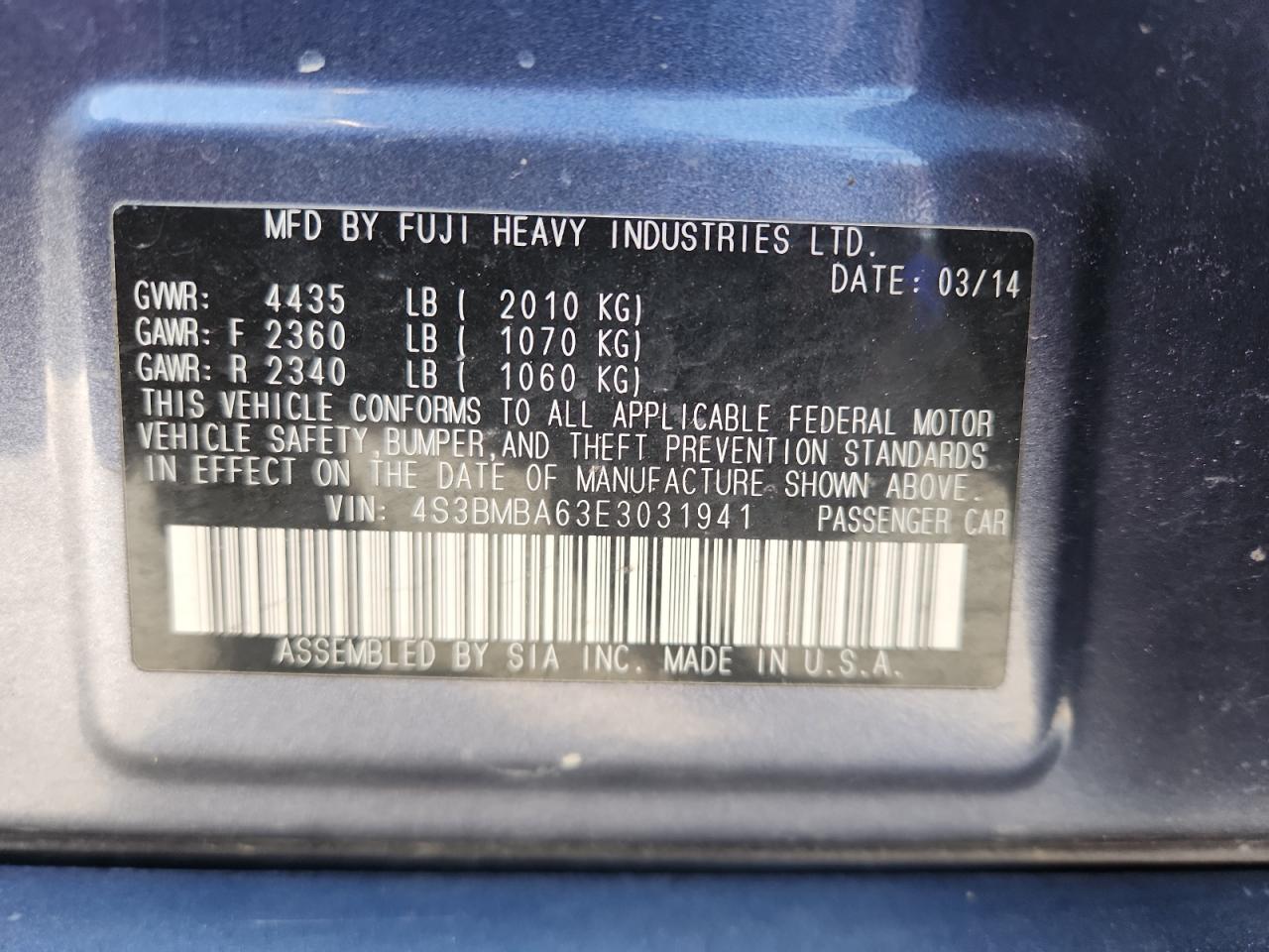 2014 Subaru Legacy 2.5I VIN: 4S3BMBA63E3031941 Lot: 92943625