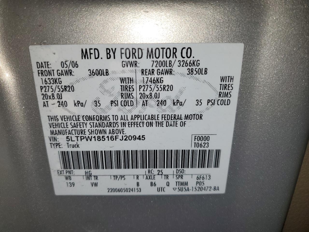 2006 Lincoln Mark Lt VIN: 5LTPW18516FJ20945 Lot: 92535085