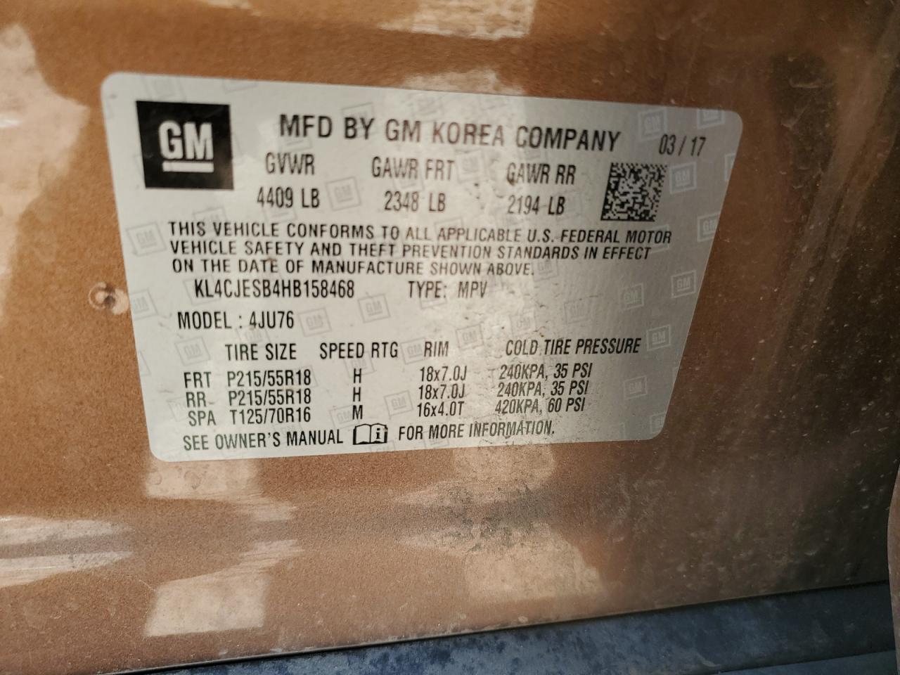 2017 Buick Encore Preferred VIN: KL4CJESB4HB158468 Lot: 91909445