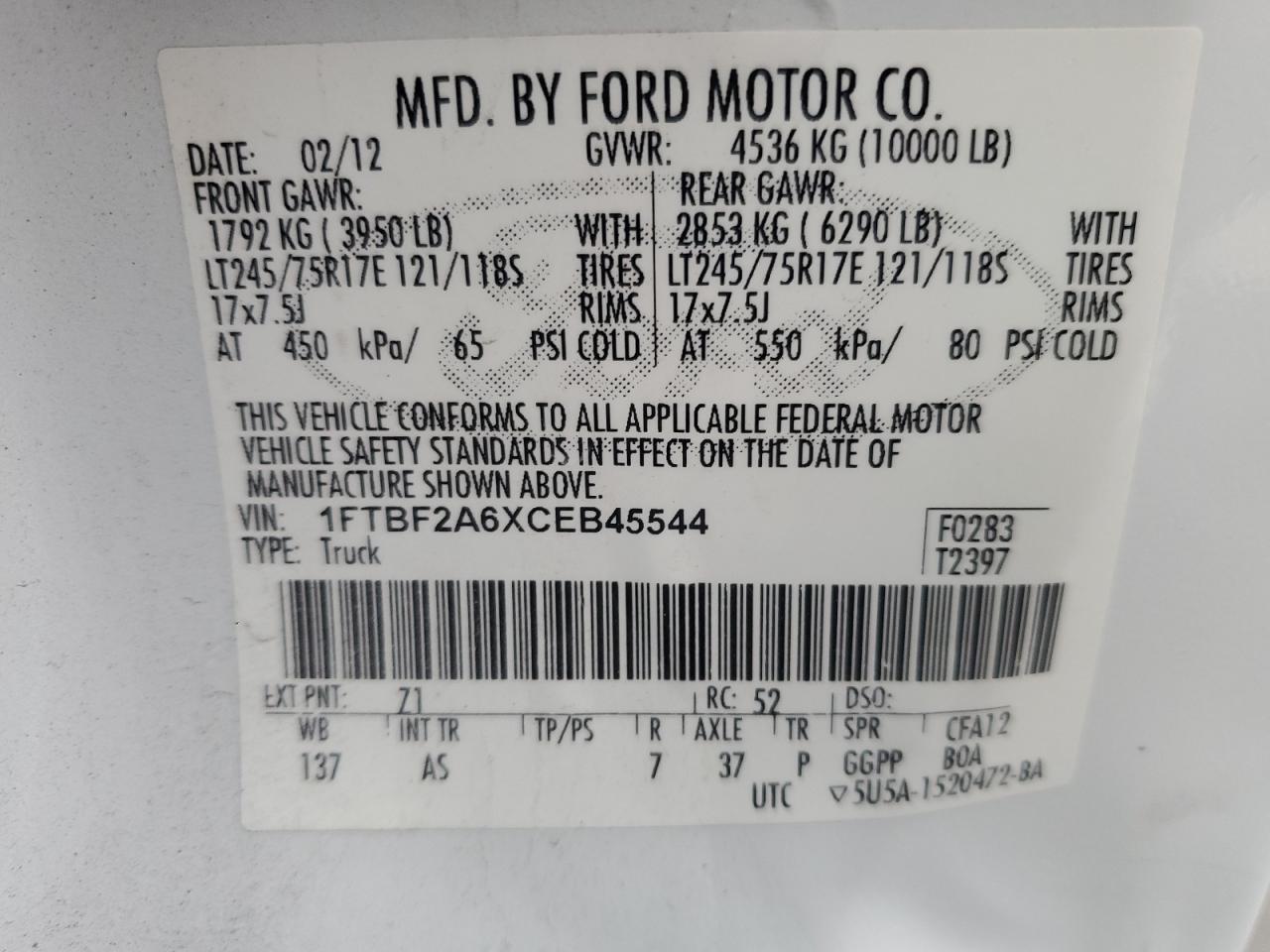 2012 Ford F250 Super Duty VIN: 1FTBF2A6XCEB45544 Lot: 92648545