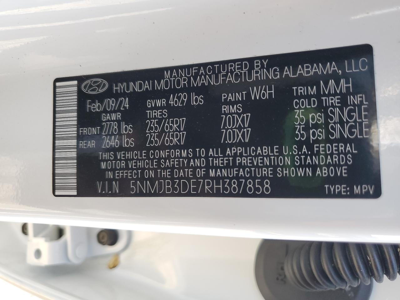 2024 Hyundai Tucson Sel VIN: 5NMJB3DE7RH387858 Lot: 93026335