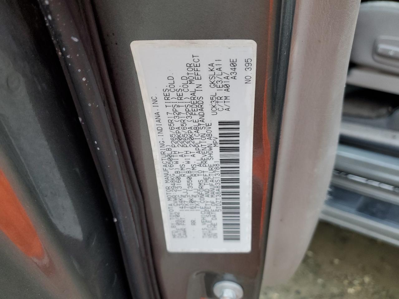 2003 Toyota Sequoia Limited VIN: 5TDZT38A83S137881 Lot: 93147155