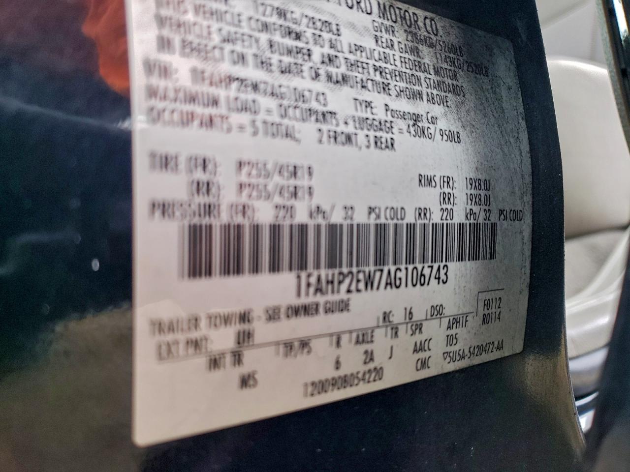 2010 Ford Taurus Sel VIN: 1FAHP2EW7AG106743 Lot: 94018855