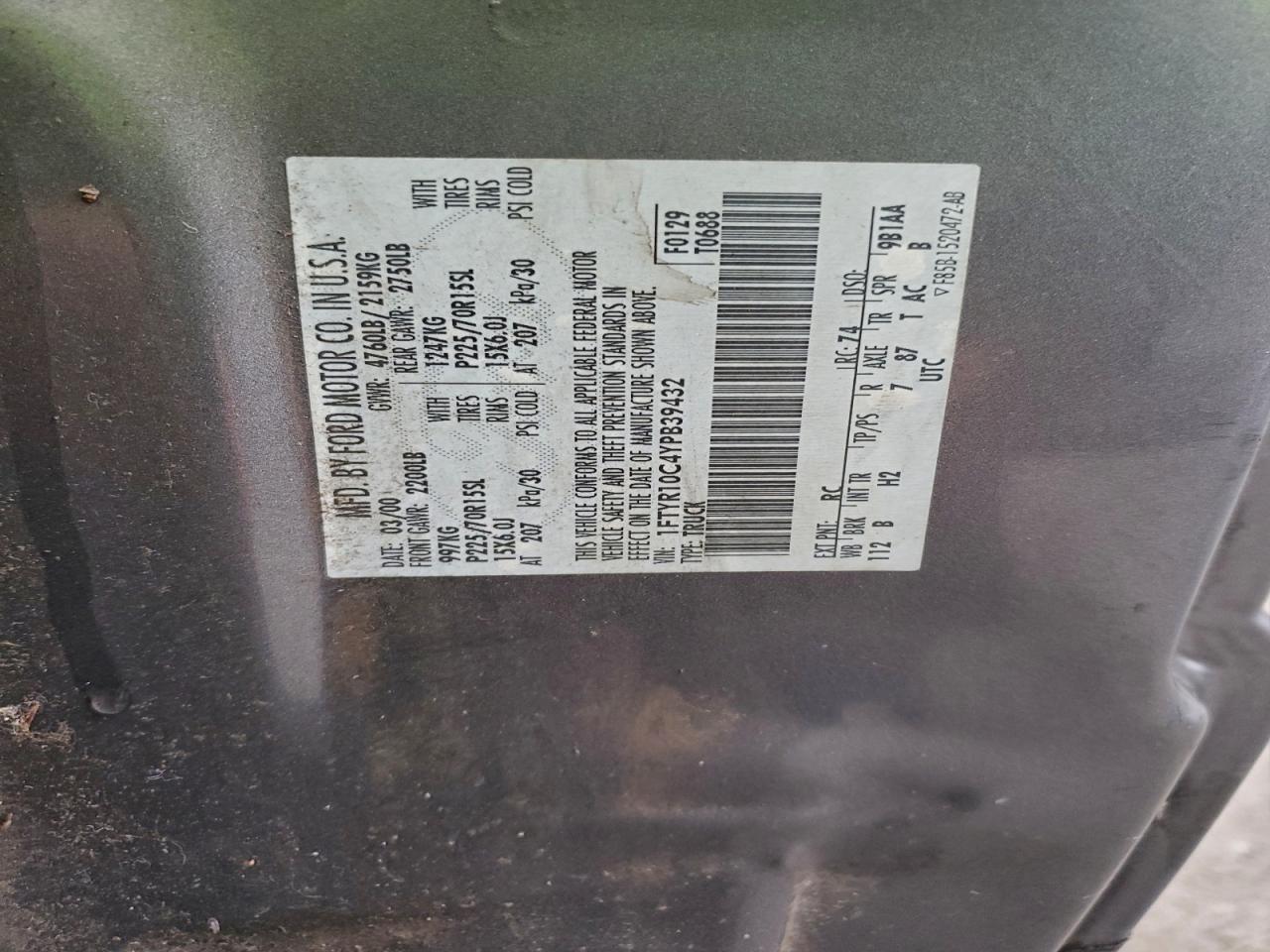 2000 Ford Ranger VIN: 1FTYR10C4YPB39432 Lot: 91007575