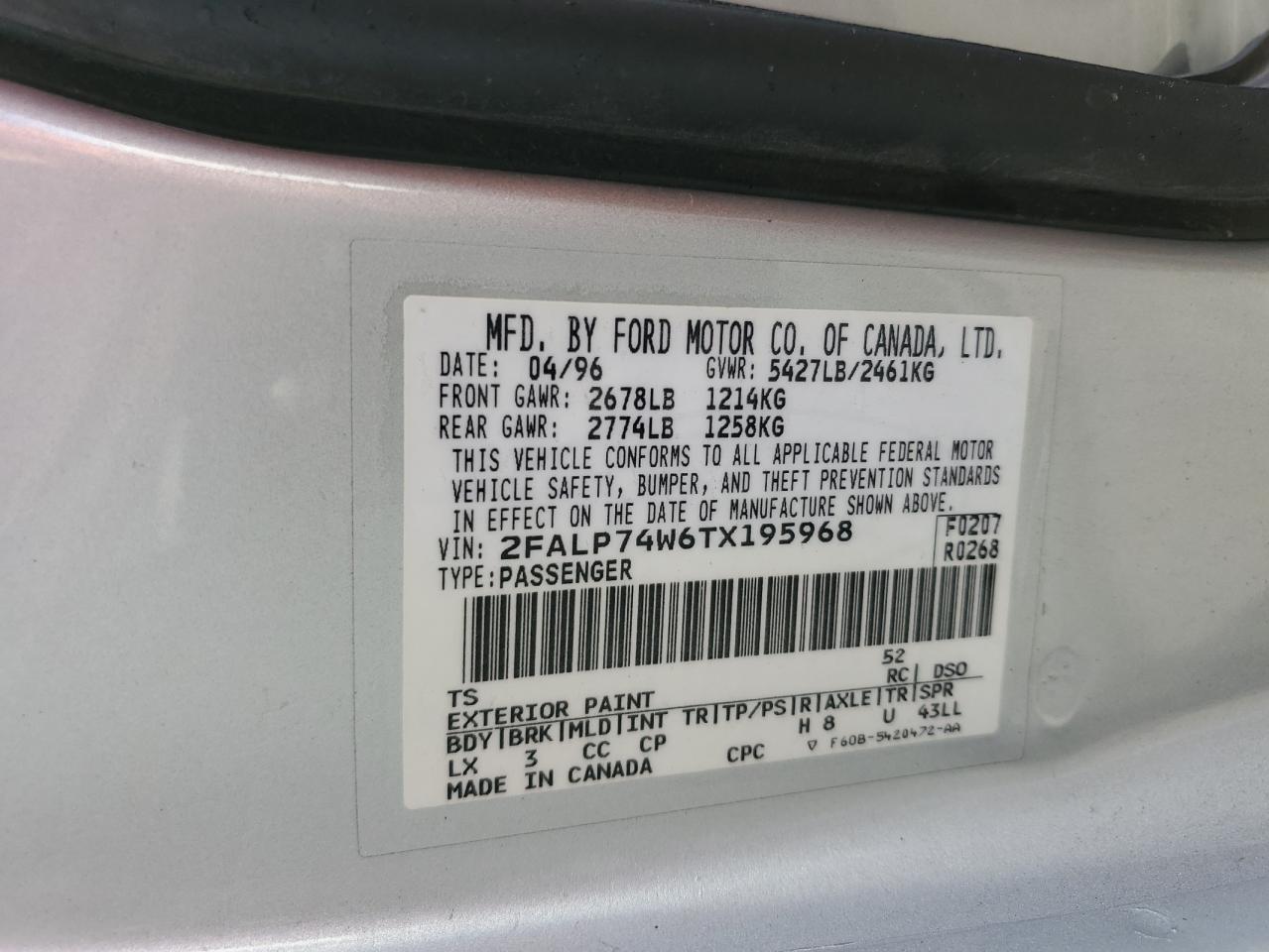 1996 Ford Crown Victoria Lx VIN: 2FALP74W6TX195968 Lot: 92117315