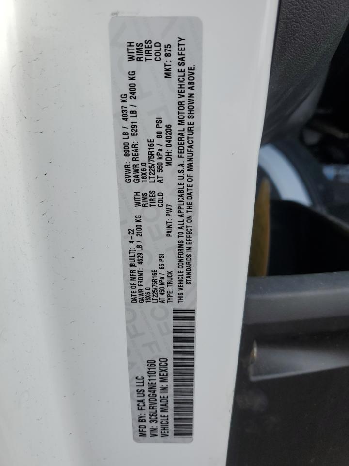 2022 Ram Promaster 2500 2500 High VIN: 3C6LRVDG4NE110160 Lot: 85206855