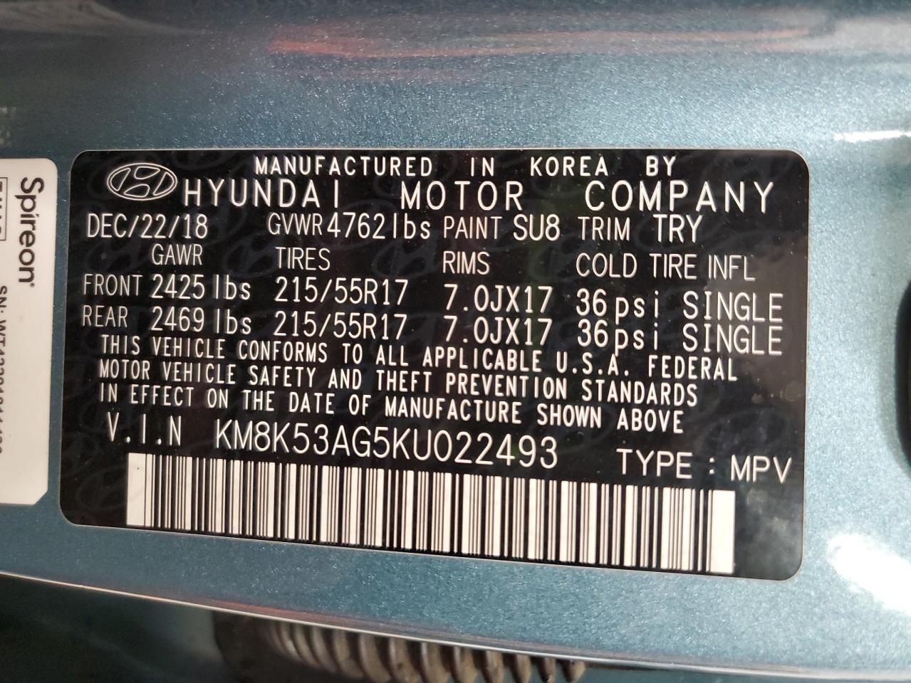 2019 Hyundai Kona Ultimate VIN: KM8K53AG5KU022493 Lot: 91674555