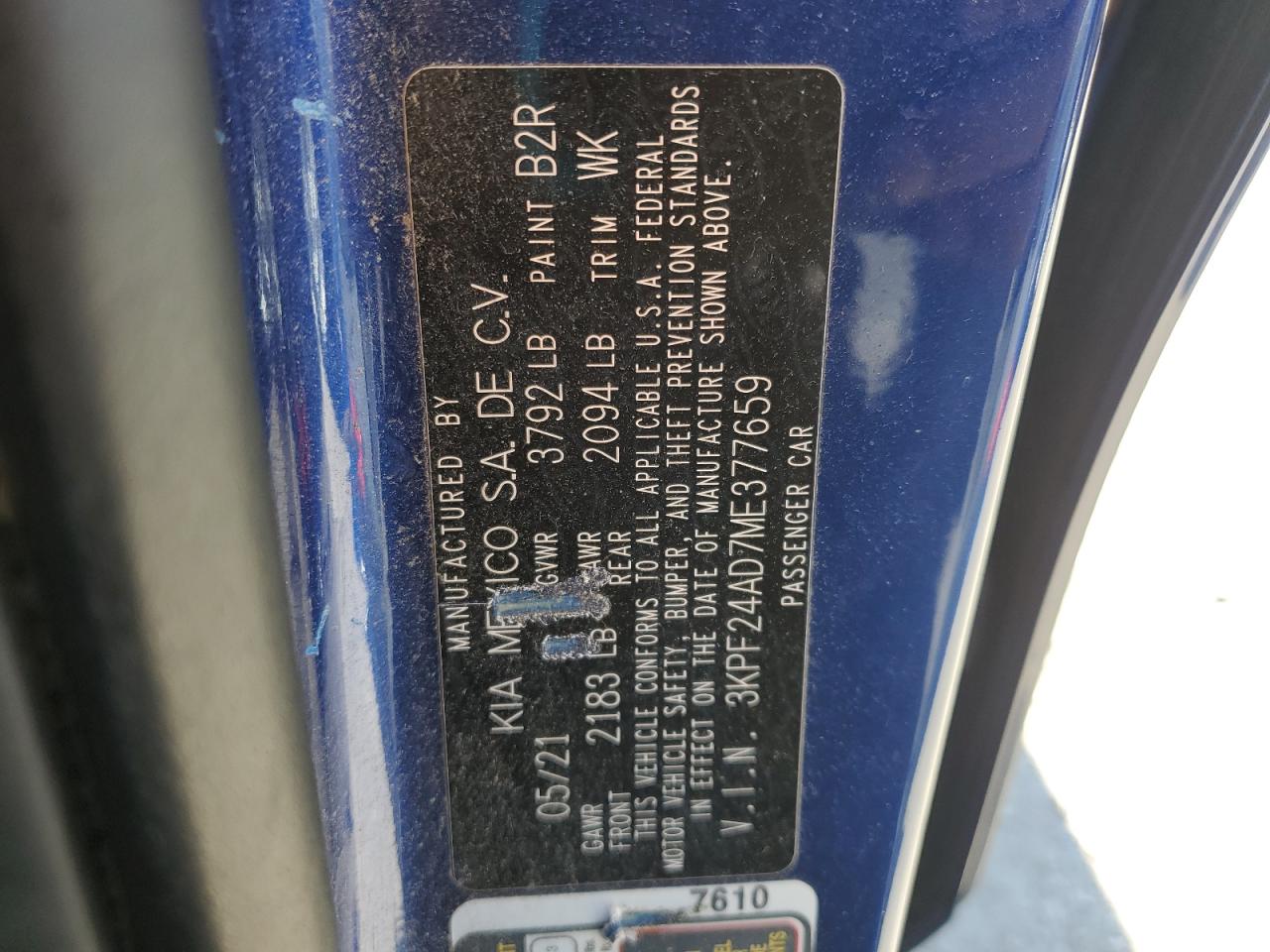 2021 Kia Forte Fe VIN: 3KPF24AD7ME377659 Lot: 92928305
