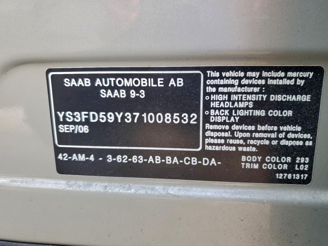 2007 Saab 9-3 2.0T VIN: YS3FD59Y371008532 Lot: 94048065