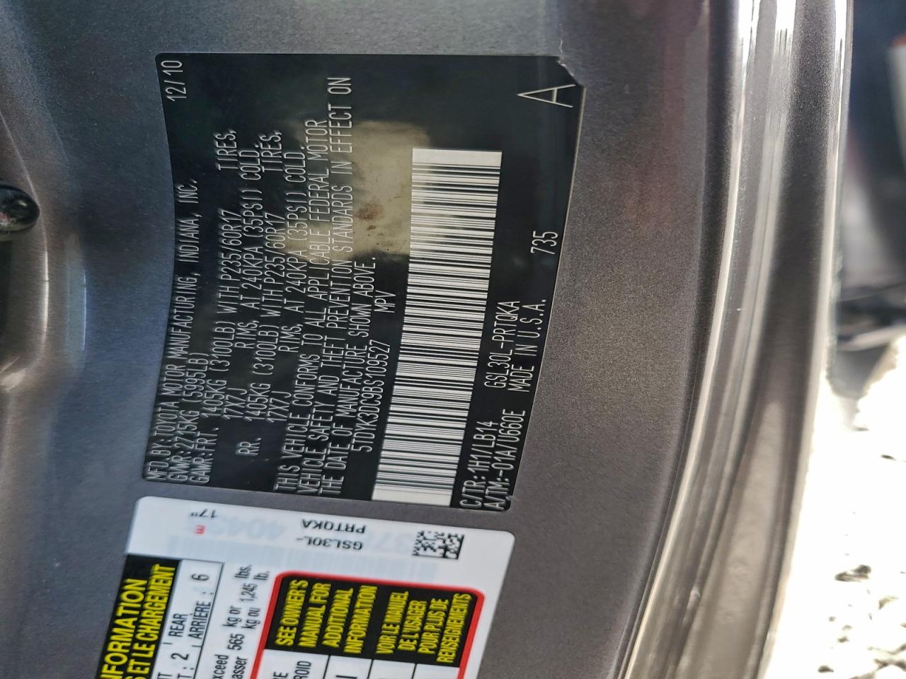 2011 Toyota Sienna Xle VIN: 5TDYK3DC9BS109527 Lot: 94238095