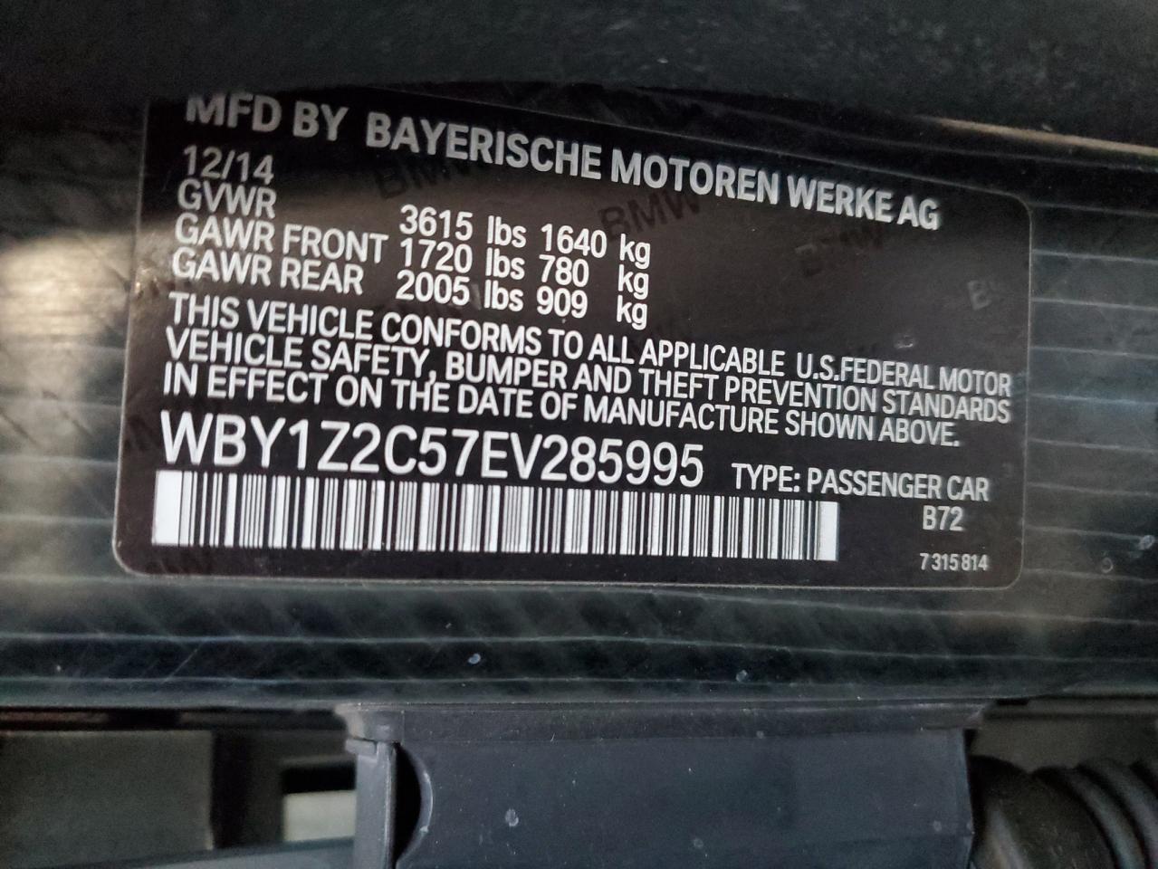 2014 BMW I3 Bev VIN: WBY1Z2C57EV285995 Lot: 93611065