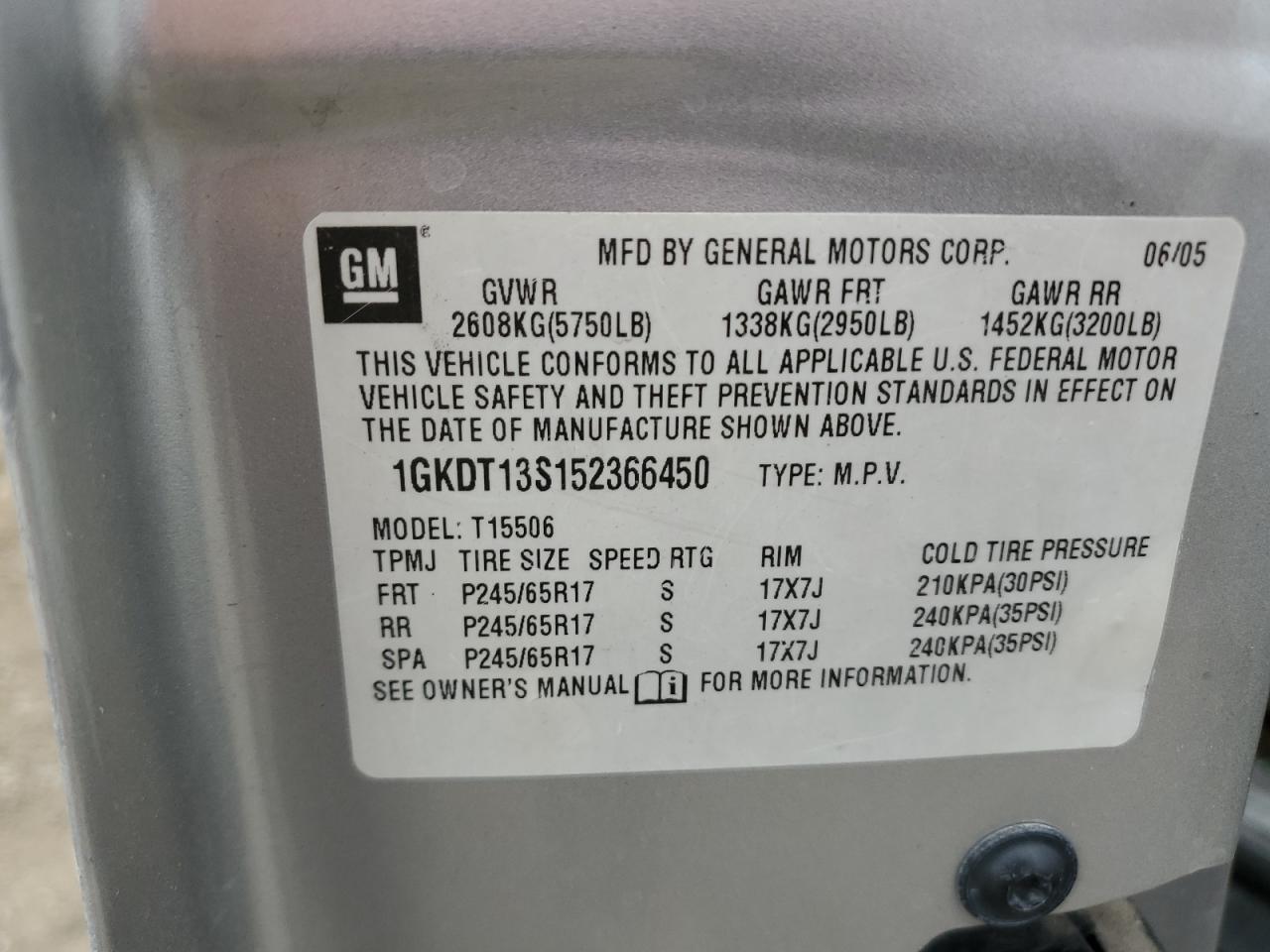 2005 GMC Envoy VIN: 1GKDT13S152366450 Lot: 93305495