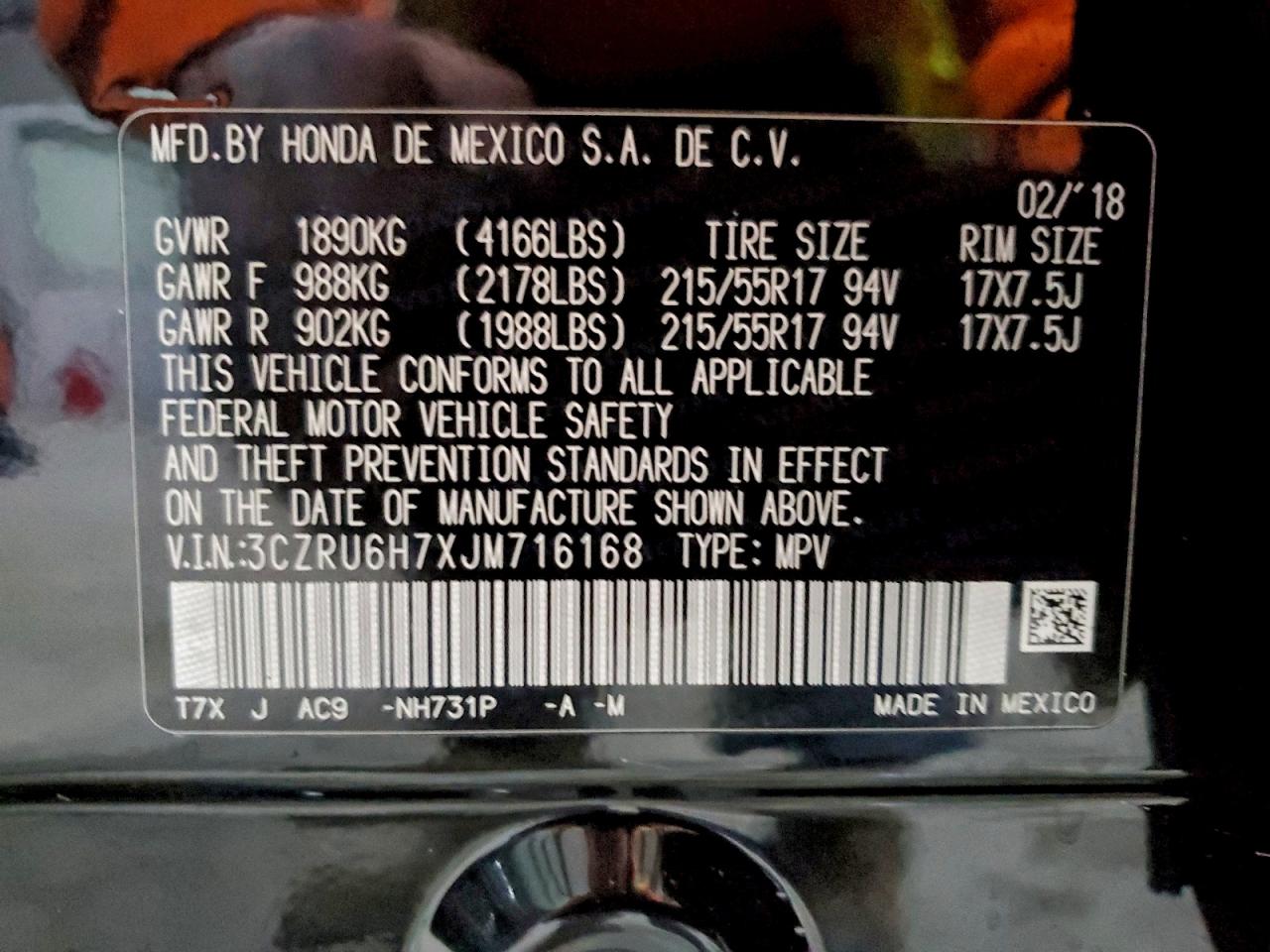 2018 Honda Hr-V Exl VIN: 3CZRU6H7XJM716168 Lot: 94465505