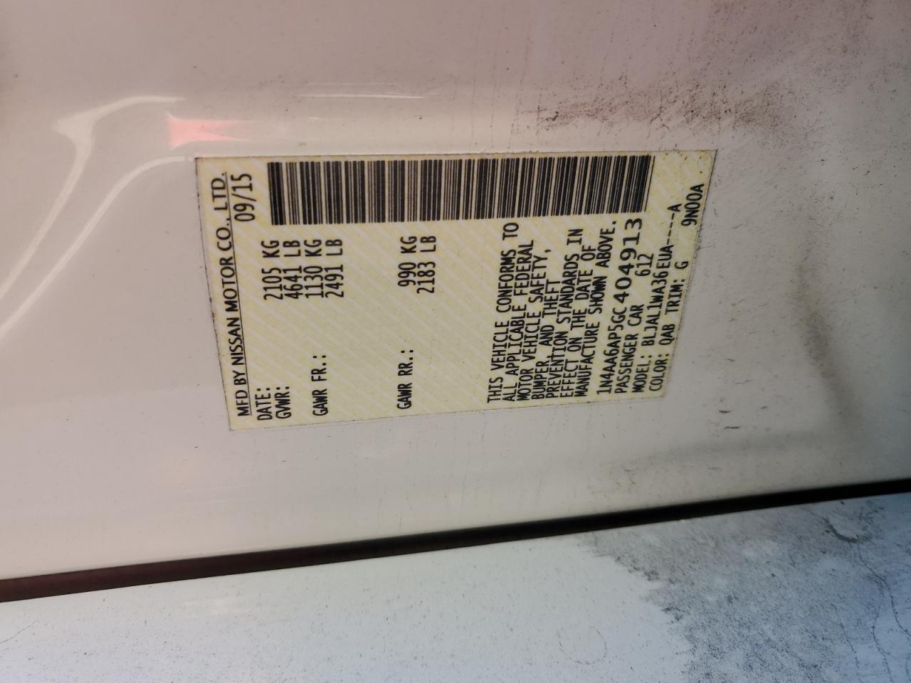 2016 Nissan Maxima 3.5S VIN: 1N4AA6AP5GC404913 Lot: 92598665