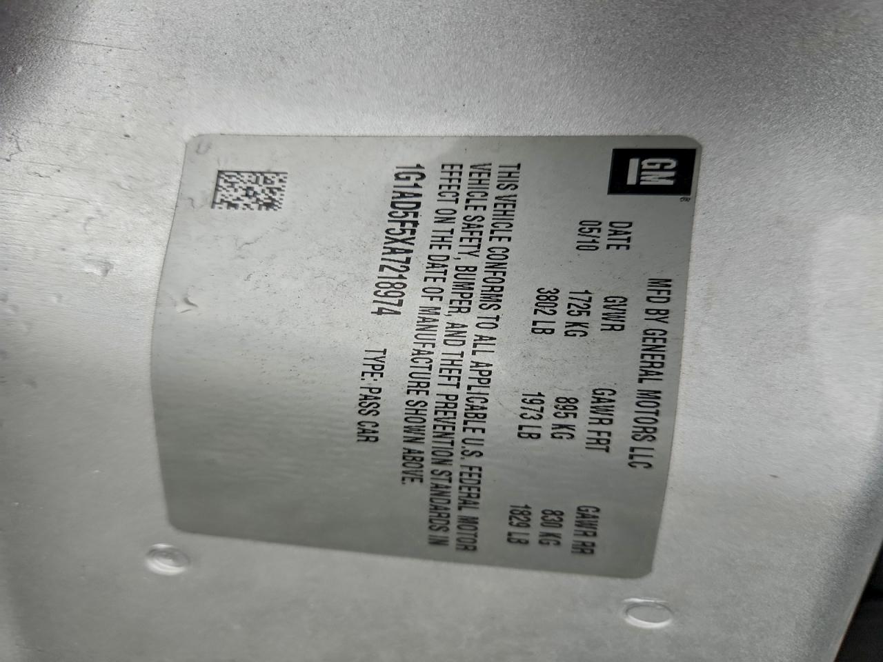 2010 Chevrolet Cobalt 1Lt VIN: 1G1AD5F5XA7218974 Lot: 92214145