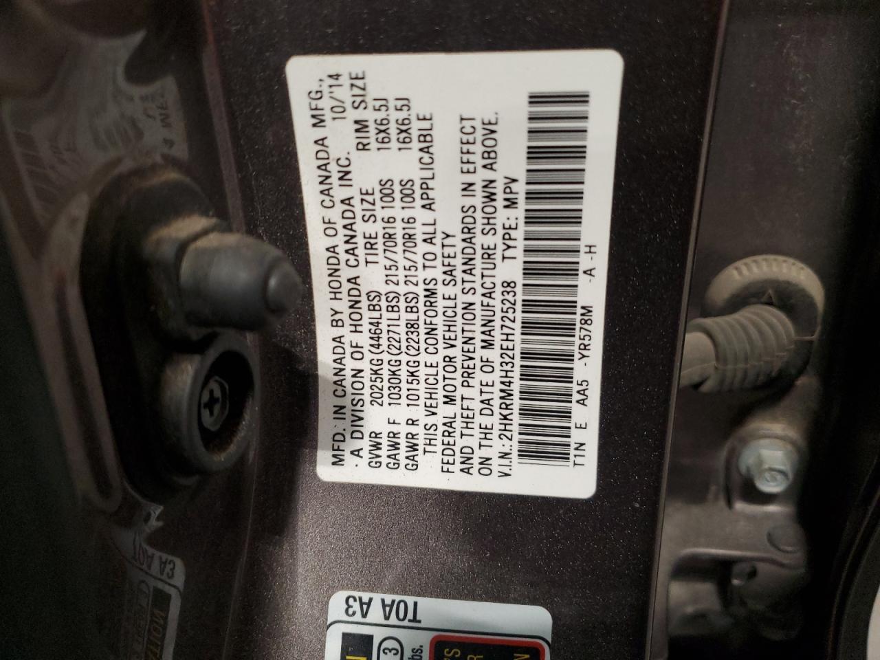 2014 Honda Cr-V Lx VIN: 2HKRM4H32EH725238 Lot: 91376385