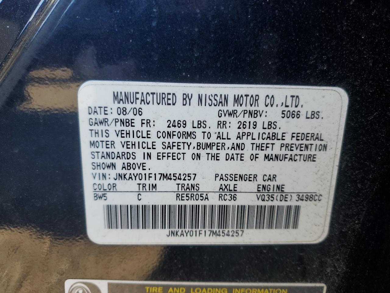 2007 Infiniti M35 Base VIN: JNKAY01F17M454257 Lot: 93229285