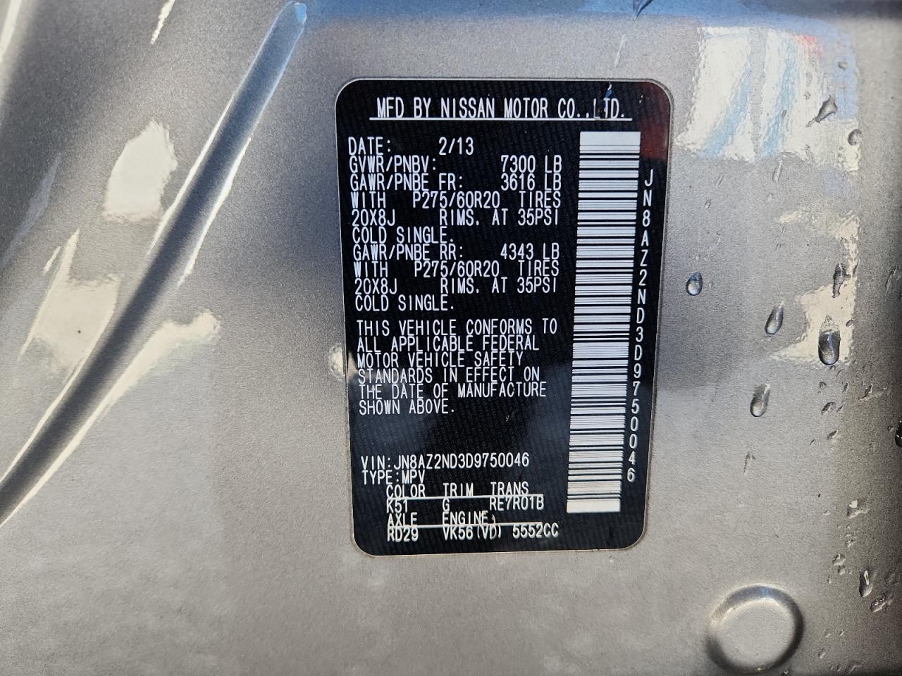 2013 Infiniti Qx56 VIN: JN8AZ2ND3D9750046 Lot: 92184085