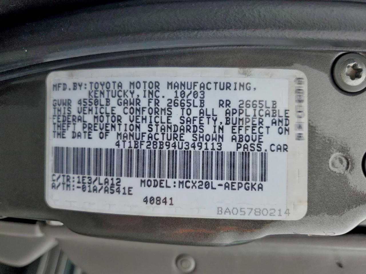 2004 Toyota Avalon Xl VIN: 4T1BF28B94U349113 Lot: 94349975