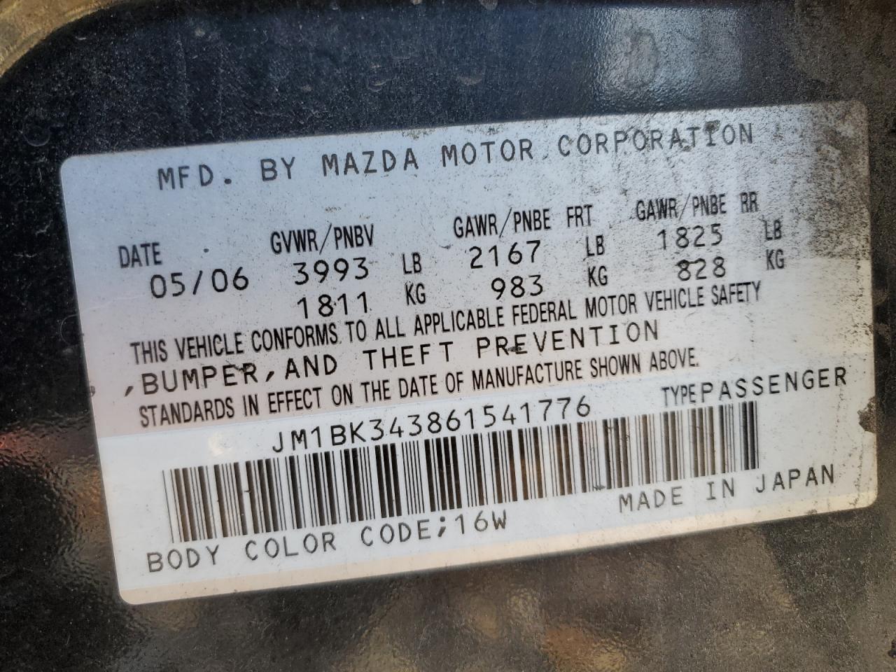 2006 Mazda 3 Hatchback VIN: JM1BK343861541776 Lot: 92476135