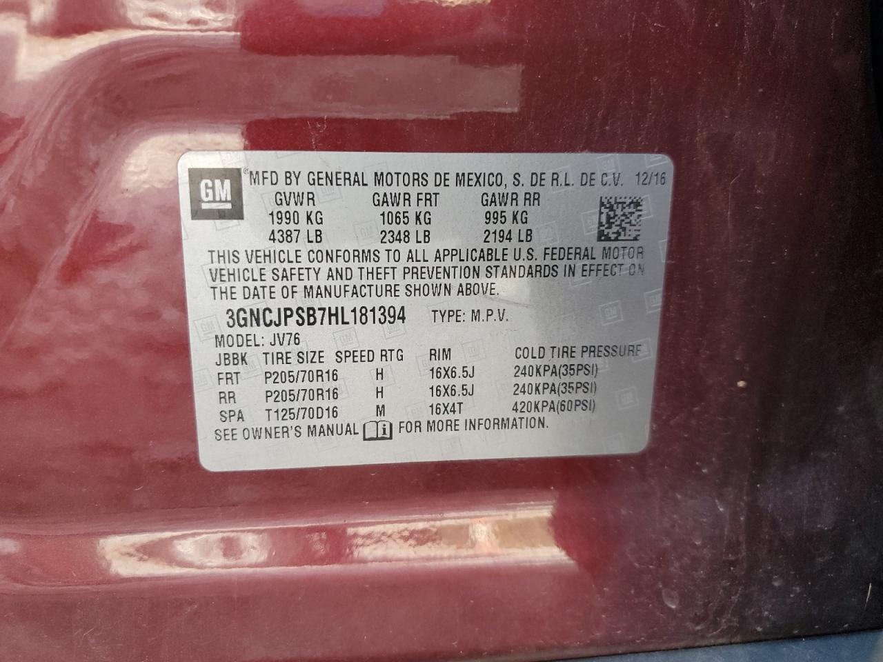 2017 Chevrolet Trax 1Lt VIN: 3GNCJPSB7HL181394 Lot: 93224545