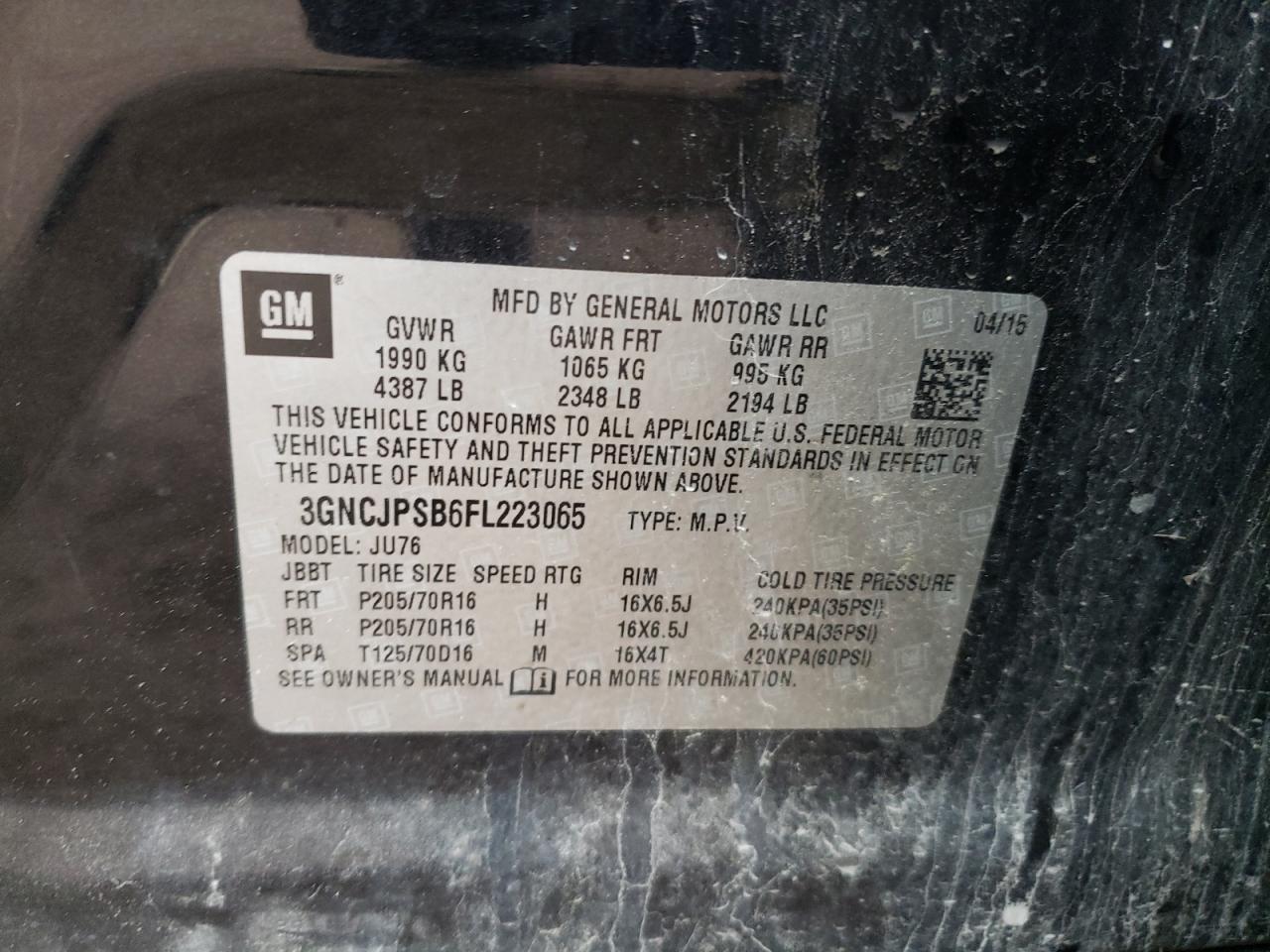 2015 Chevrolet Trax 1Ls VIN: 3GNCJPSB6FL223065 Lot: 93629845