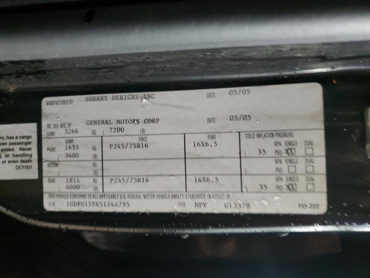 2005 GMC Savana Rv G1500 VIN: 1GDFG15T651244795 Lot: 92666485