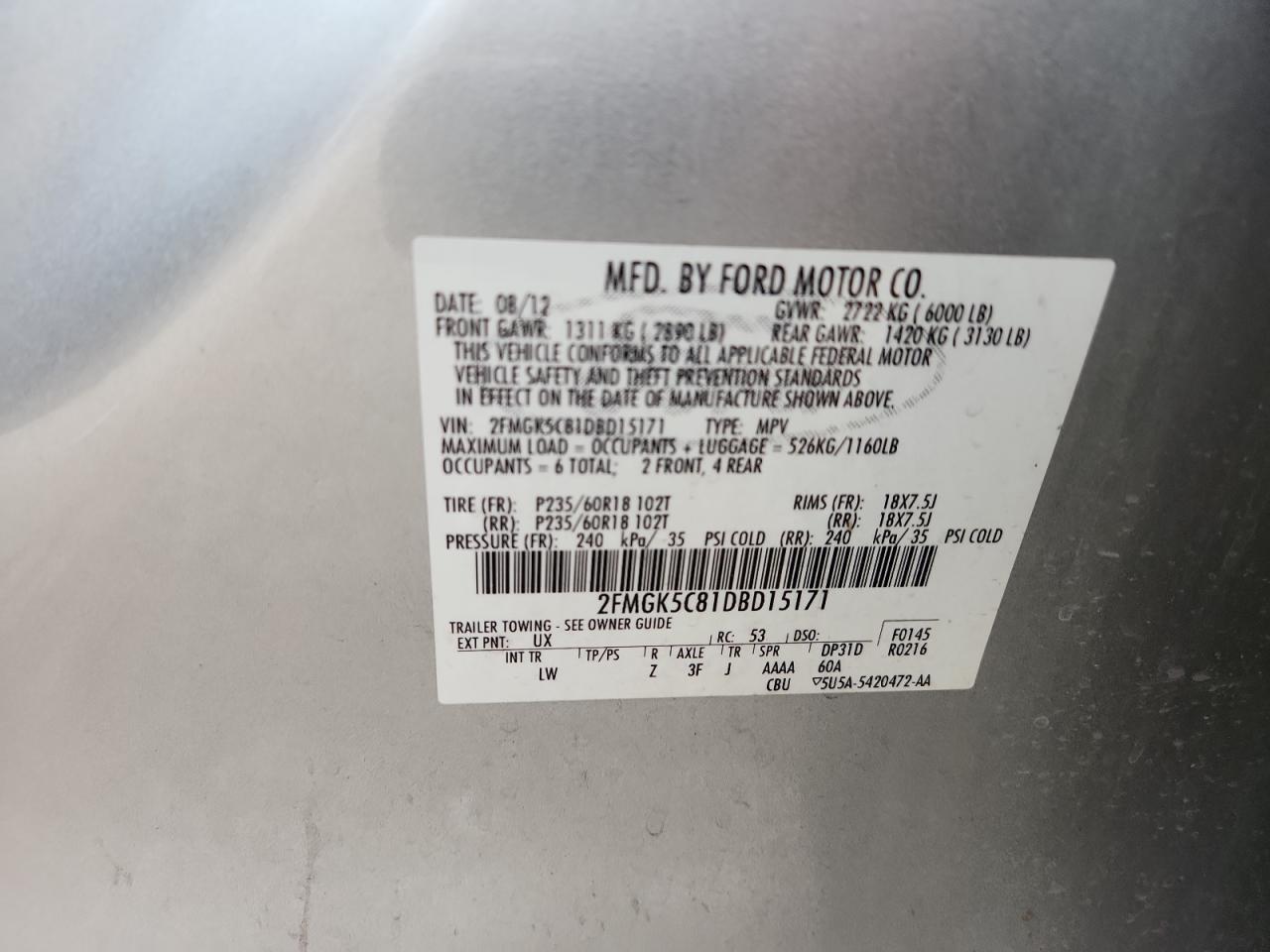 2013 Ford Flex Sel VIN: 2FMGK5C81DBD15171 Lot: 91692485