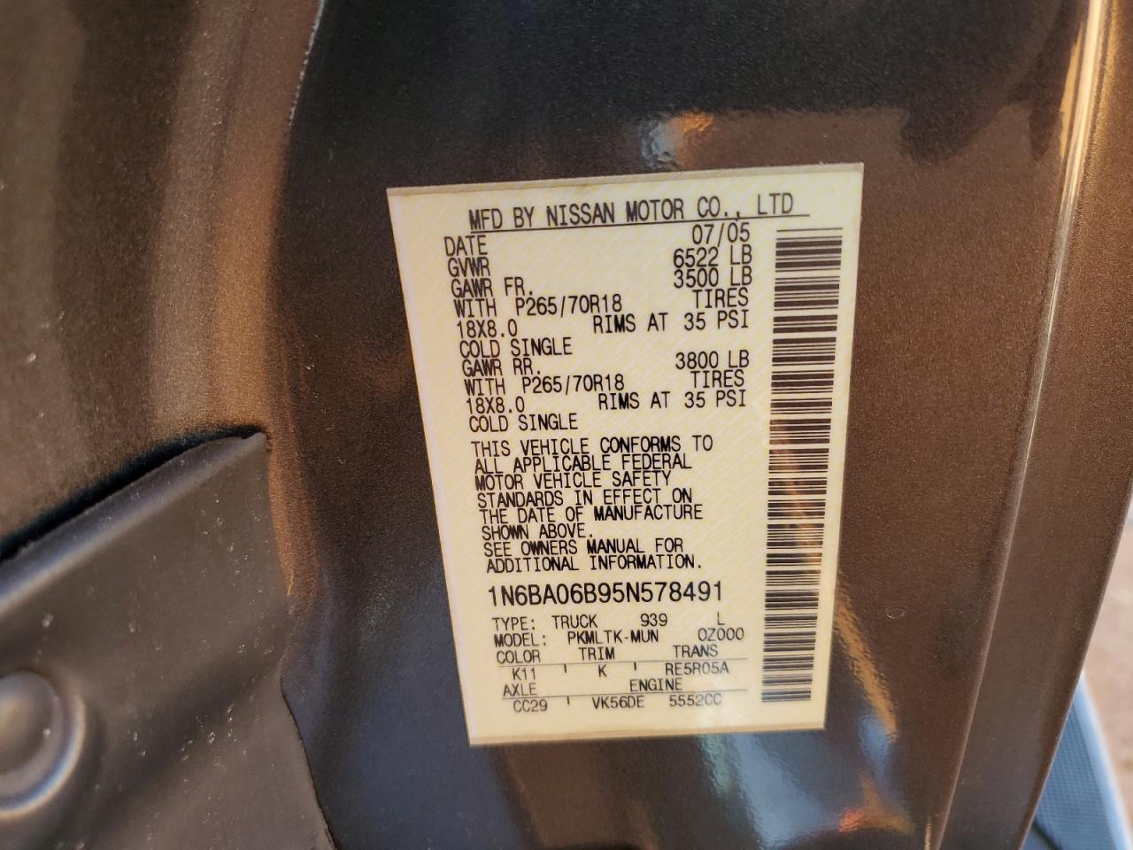 2005 Nissan Titan Xe VIN: 1N6BA06B95N578491 Lot: 93426215