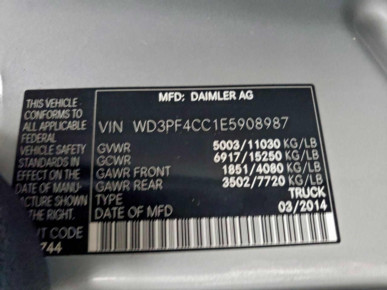 2014 Mercedes-Benz Sprinter 3500 VIN: WD3PF4CC1E5908987 Lot: 94717115