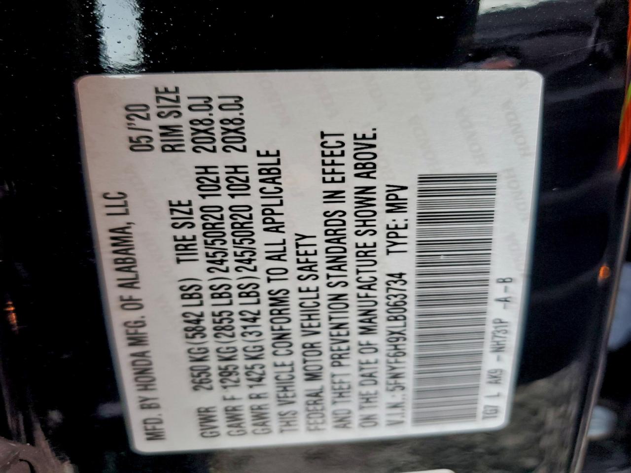 2020 Honda Pilot Touring VIN: 5FNYF6H9XLB063734 Lot: 93358575