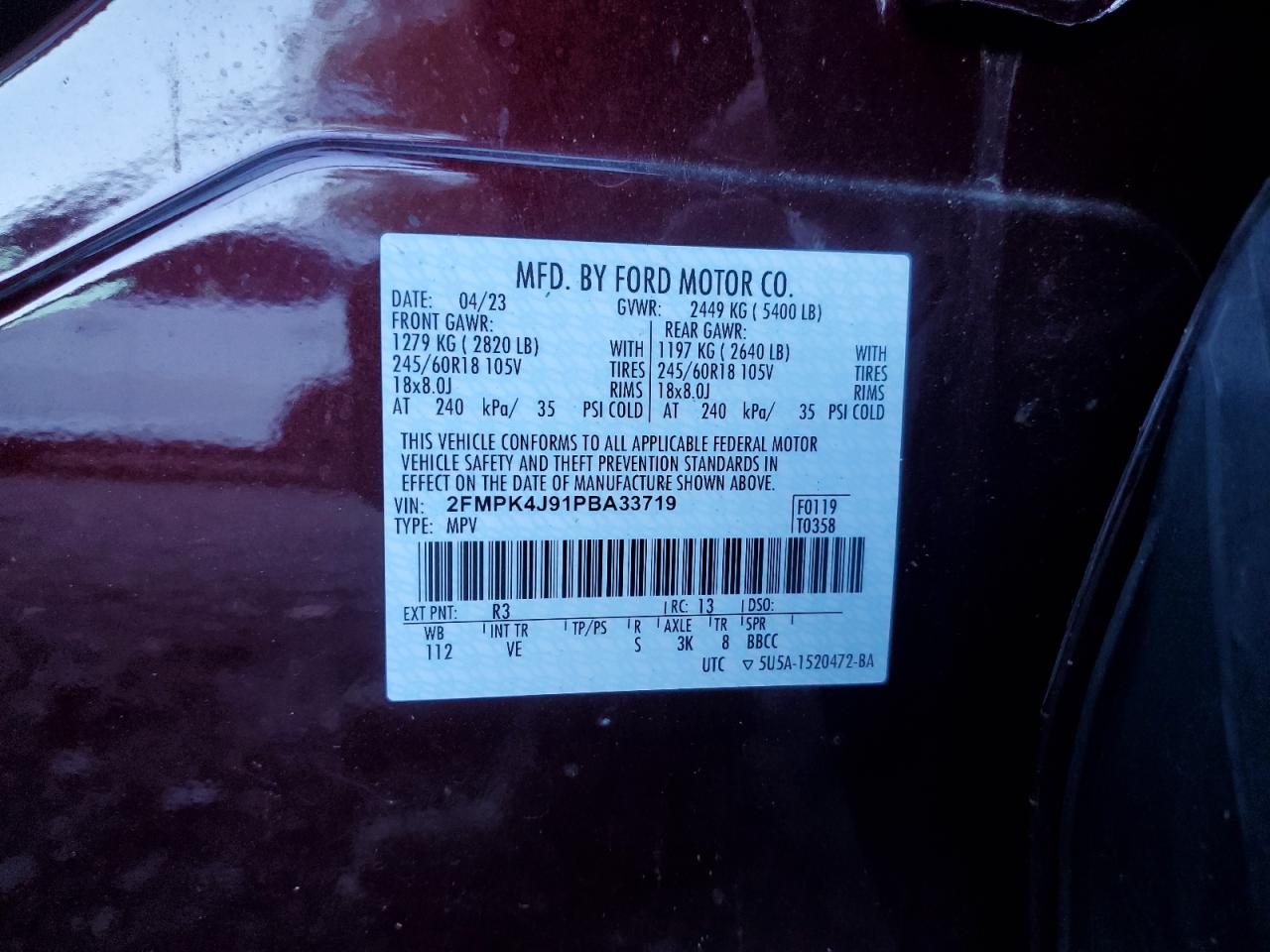 2023 Ford Edge Sel VIN: 2FMPK4J91PBA33719 Lot: 90869265