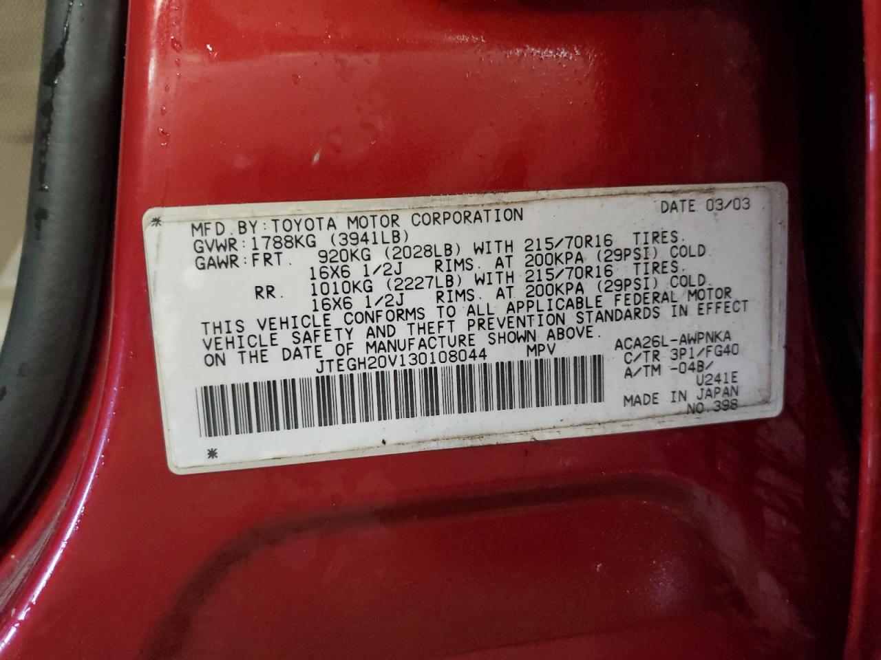 2003 Toyota Rav4 VIN: JTEGH20V130108044 Lot: 92806305