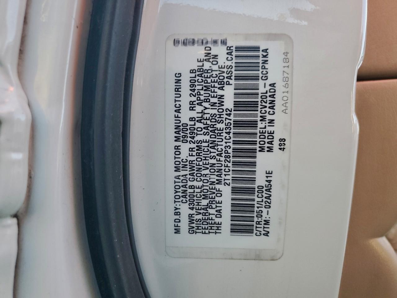 2001 Toyota Camry Solara Se VIN: 2T1CF28P31C435742 Lot: 94352775