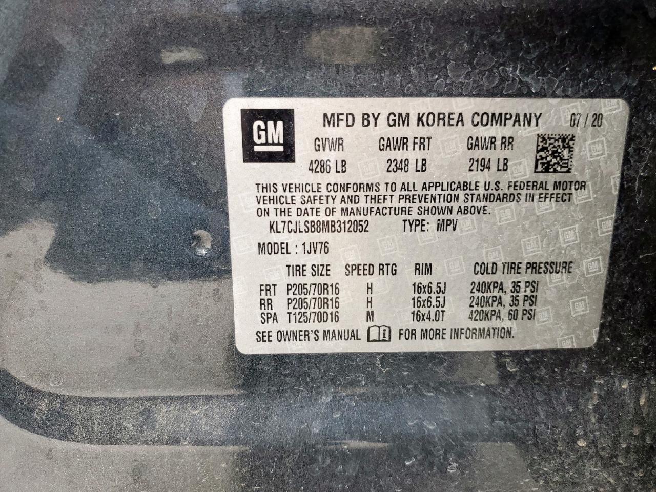 2021 Chevrolet Trax 1Lt VIN: KL7CJLSB8MB312052 Lot: 93611685