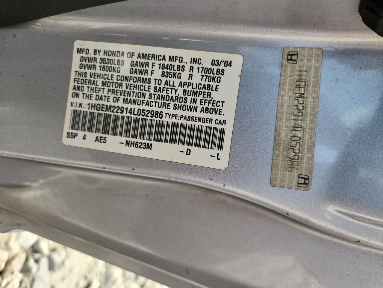 2004 Honda Civic Ex VIN: 1HGEM22914L052986 Lot: 91450375