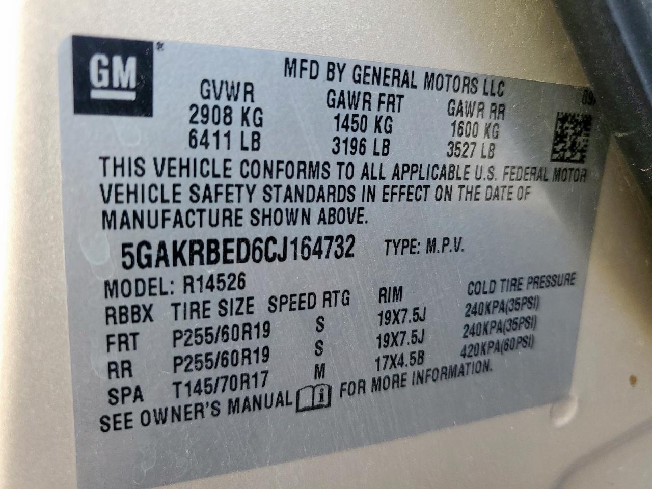 2012 Buick Enclave VIN: 5GAKRBED6CJ164732 Lot: 92694295