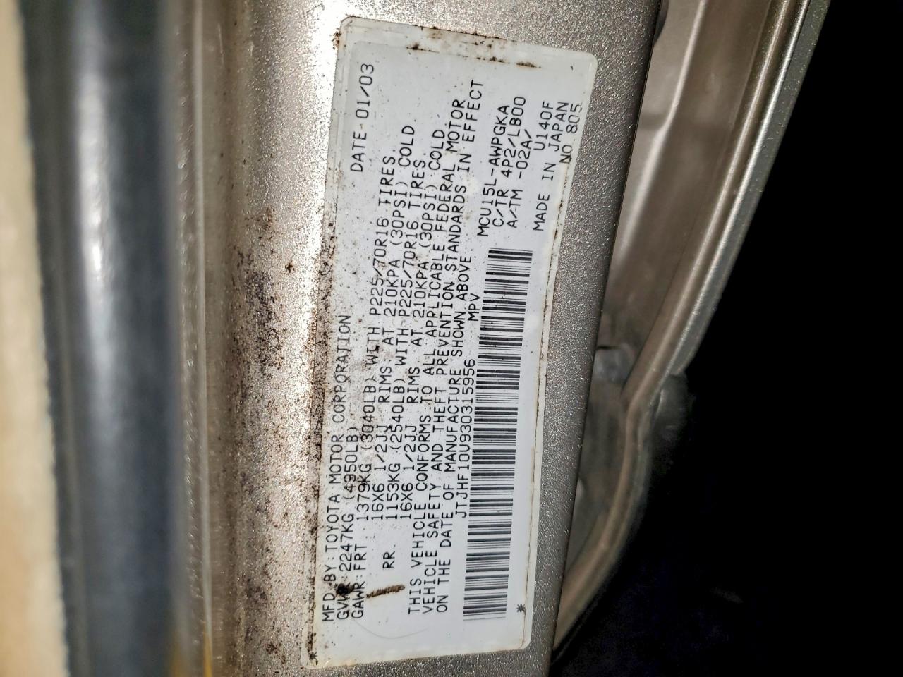 2003 Lexus Rx 300 VIN: JTJHF10U930315956 Lot: 94540255