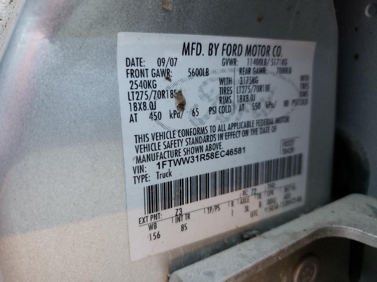 2008 Ford F350 Srw Super Duty VIN: 1FTWW31R58EC46581 Lot: 92399135