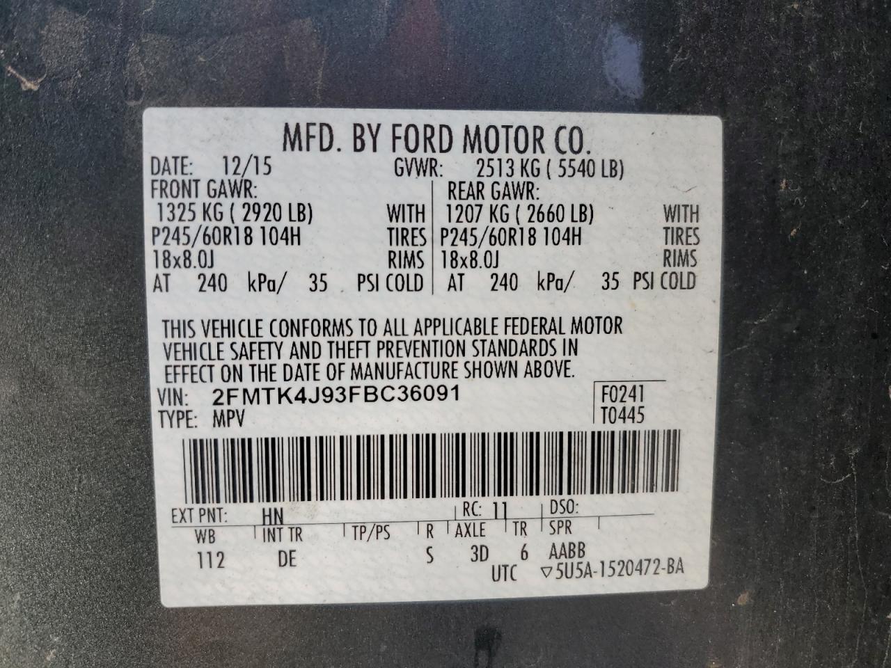 2015 Ford Edge Sel VIN: 2FMTK4J93FBC36091 Lot: 90627325