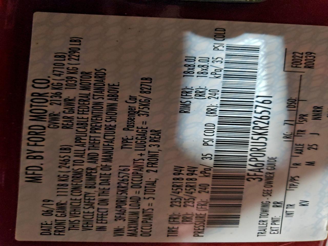 2019 Ford Fusion Titanium VIN: 3FA6P0RU5KR265761 Lot: 93402395