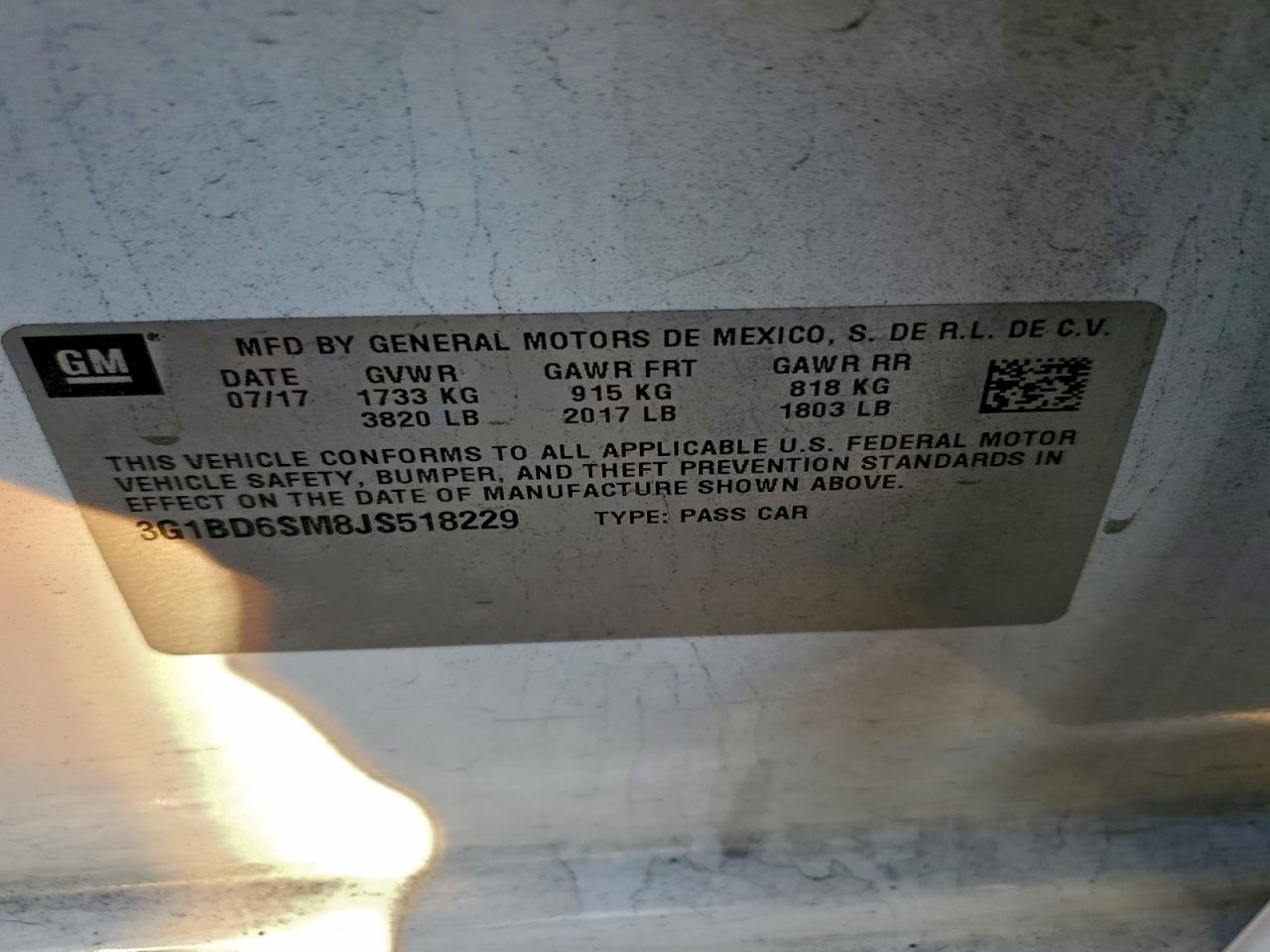 2018 Chevrolet Cruze Lt VIN: 3G1BD6SM8JS518229 Lot: 94582185