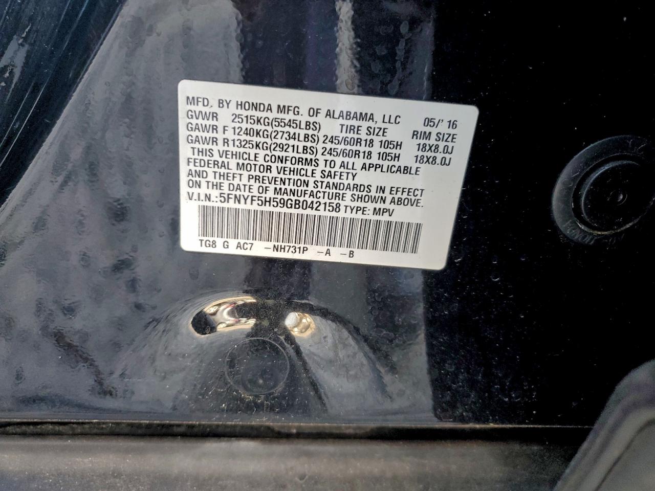 2016 Honda Pilot Exl VIN: 5FNYF5H59GB042158 Lot: 94645055