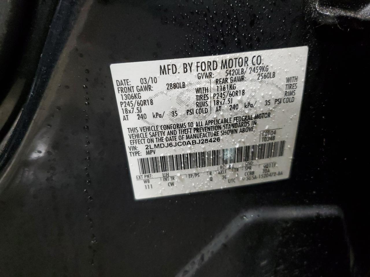 2010 Lincoln Mkx VIN: 2LMDJ6JC0ABJ28426 Lot: 92613495