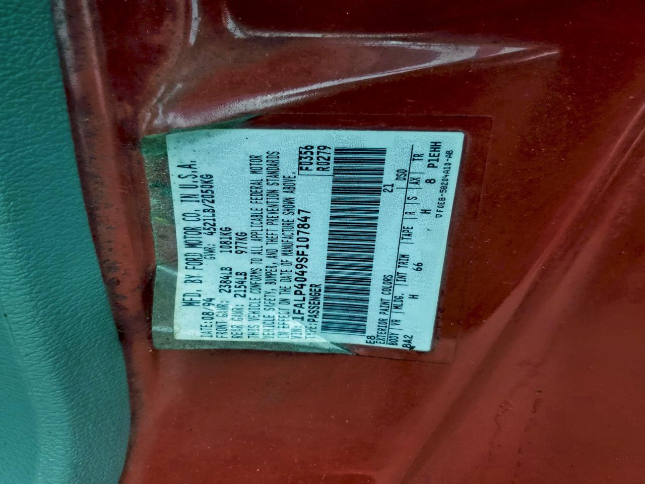 1995 Ford Mustang VIN: 1FALP4049SF107847 Lot: 94464435